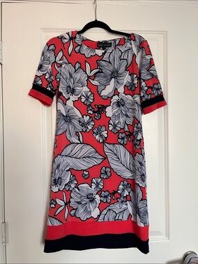 Coral Midi Dress with Navy & White Floral Print